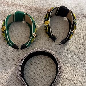 Floral Embellished Headbands Set - Green, Black, Silver